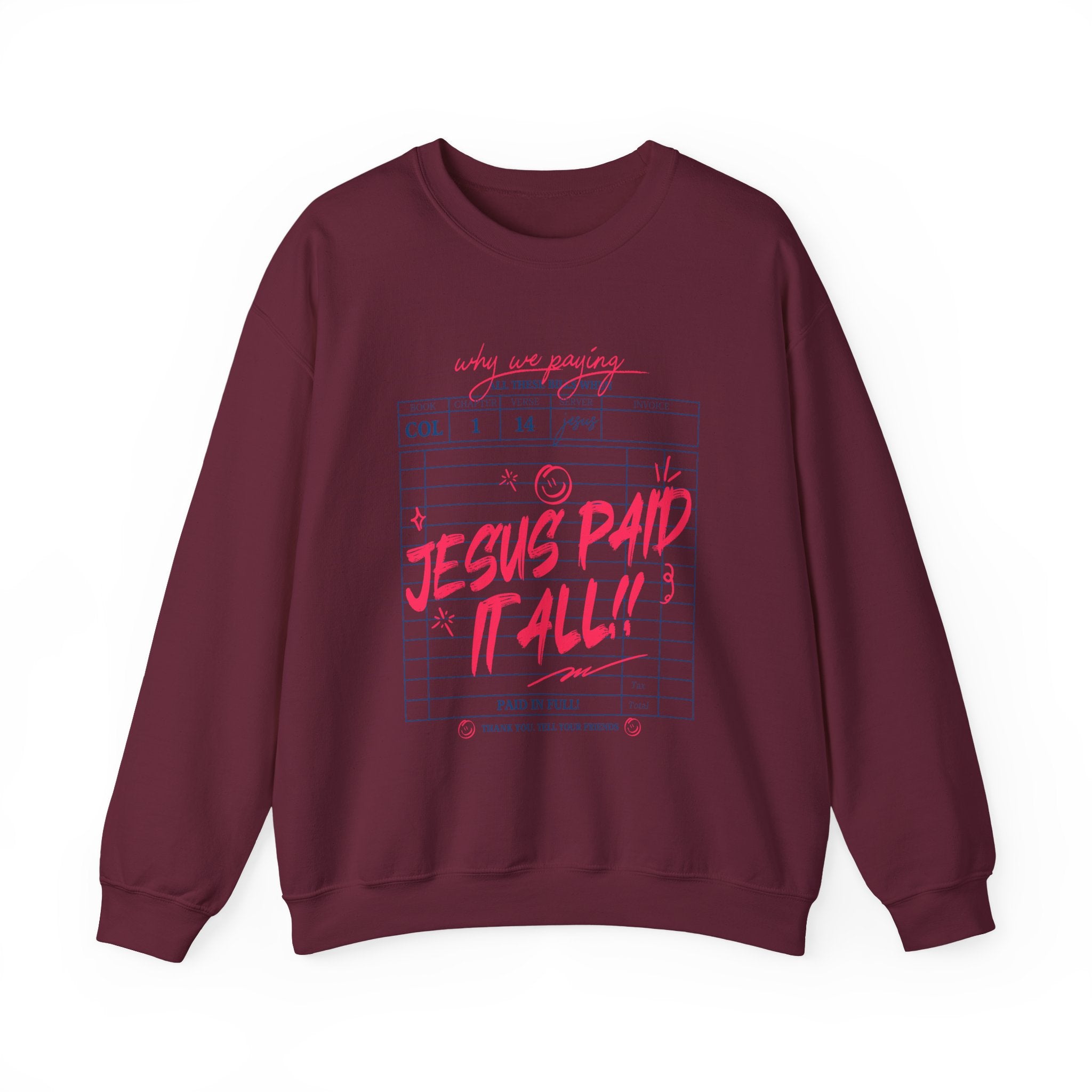Crewneck Sweatshirt — “Jesus Paid It All” Vintage Receipt Christian Graphic