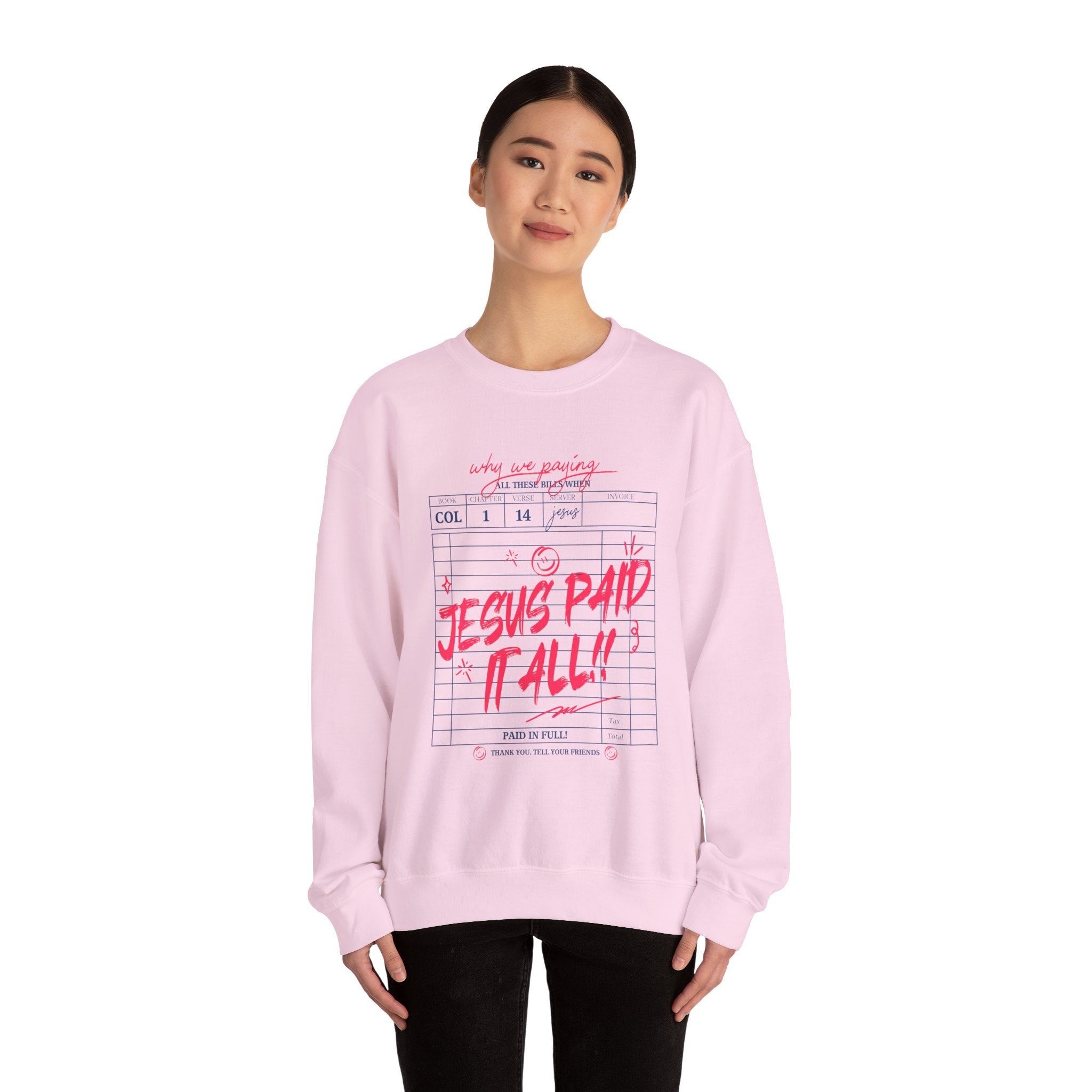 Crewneck Sweatshirt — “Jesus Paid It All” Vintage Receipt Christian Graphic