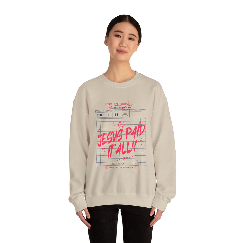 Crewneck Sweatshirt — “Jesus Paid It All” Vintage Receipt Christian Graphic