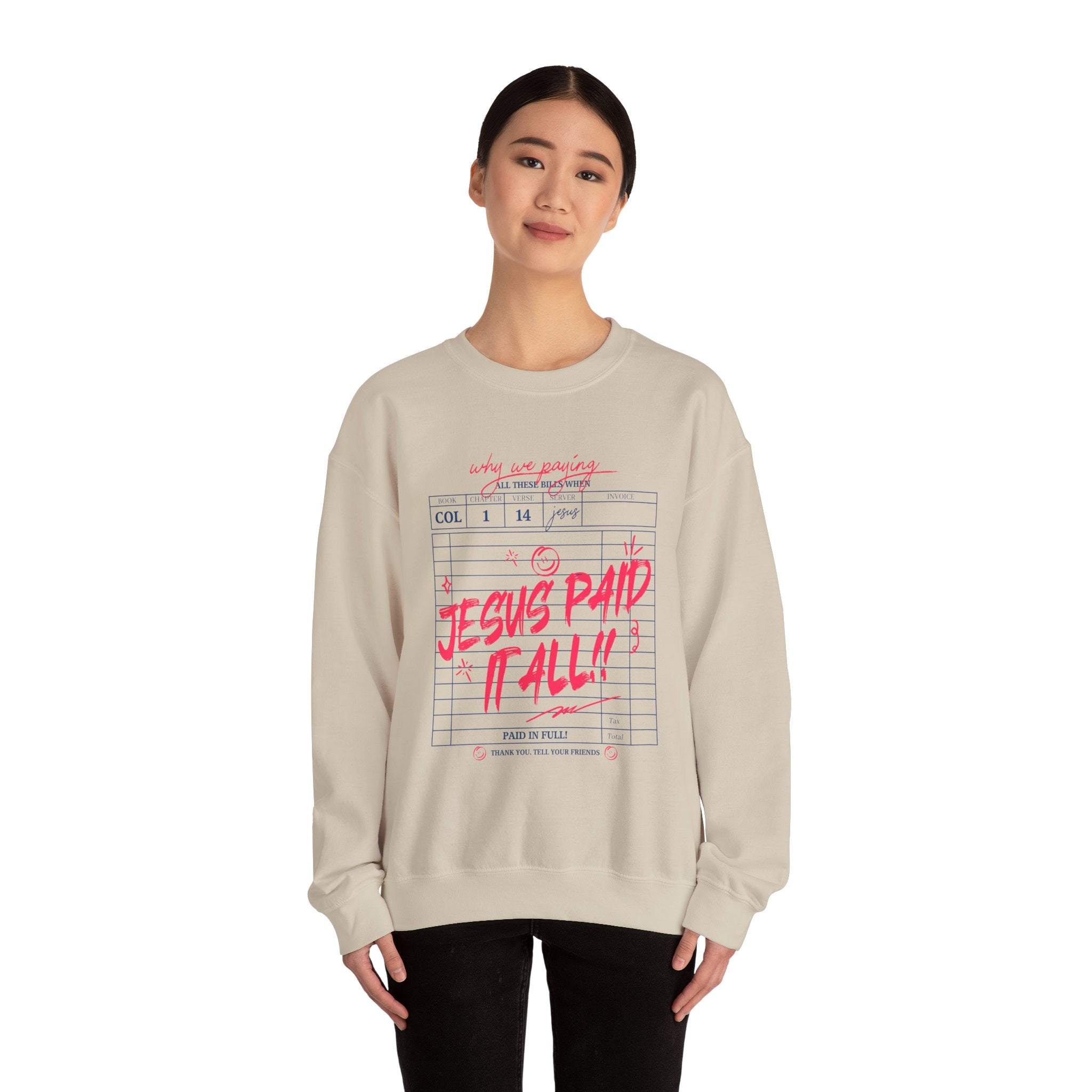 Crewneck Sweatshirt — “Jesus Paid It All” Vintage Receipt Christian Graphic