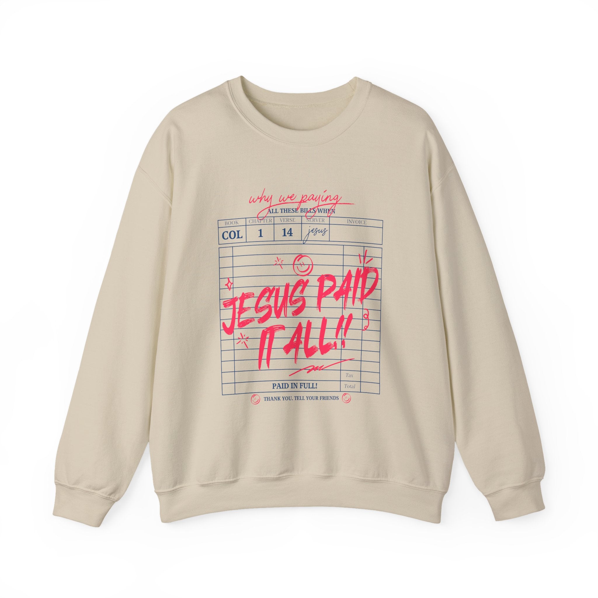 Crewneck Sweatshirt — “Jesus Paid It All” Vintage Receipt Christian Graphic