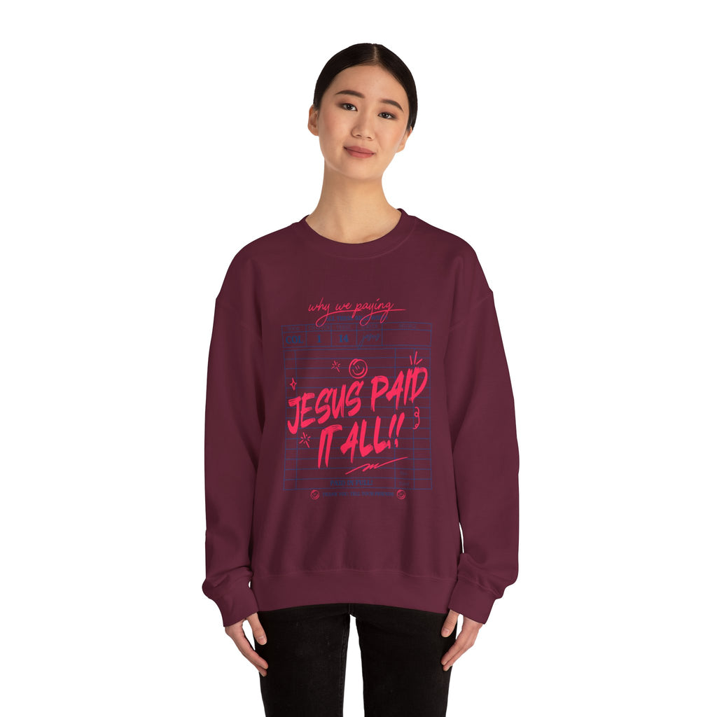 Crewneck Sweatshirt — “Jesus Paid It All” Vintage Receipt Christian Graphic