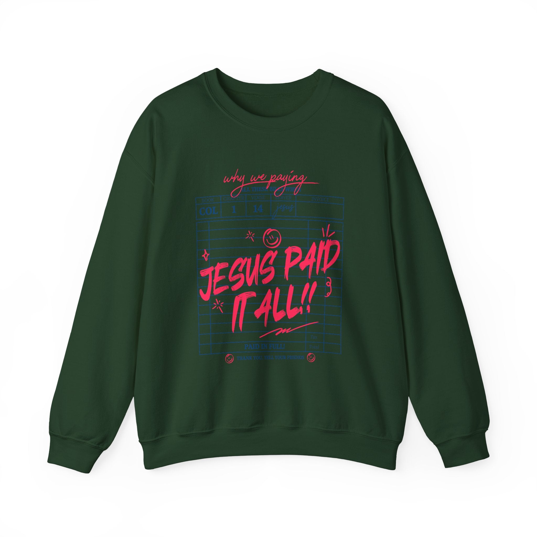Crewneck Sweatshirt — “Jesus Paid It All” Vintage Receipt Christian Graphic