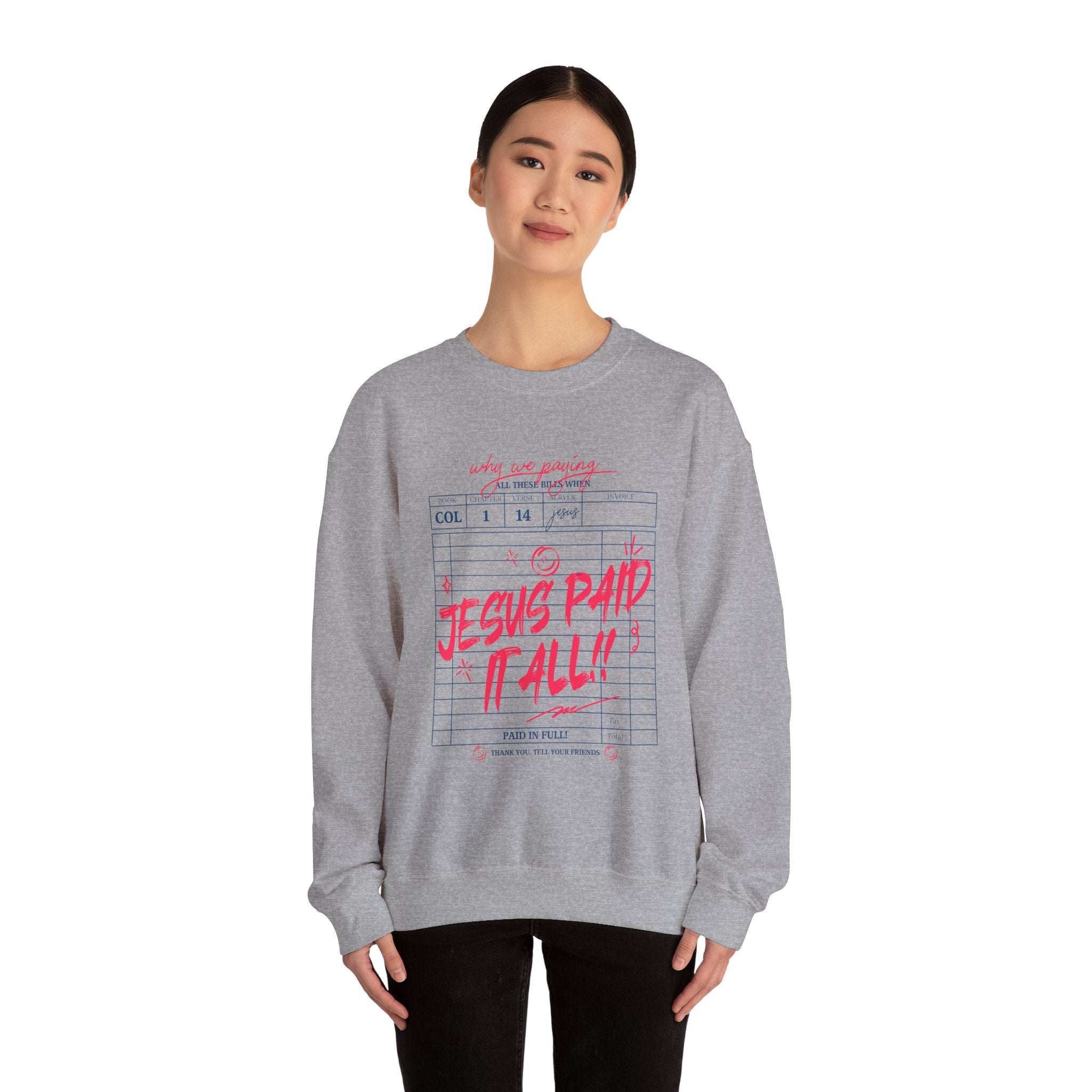 Crewneck Sweatshirt — “Jesus Paid It All” Vintage Receipt Christian Graphic