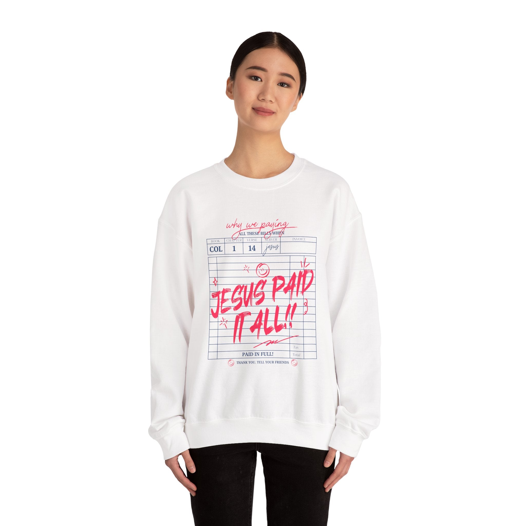 Crewneck Sweatshirt — “Jesus Paid It All” Vintage Receipt Christian Graphic