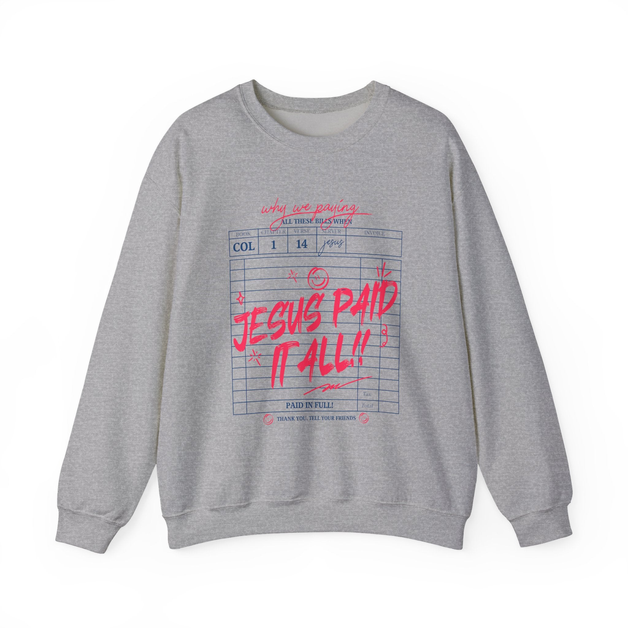 Crewneck Sweatshirt — “Jesus Paid It All” Vintage Receipt Christian Graphic