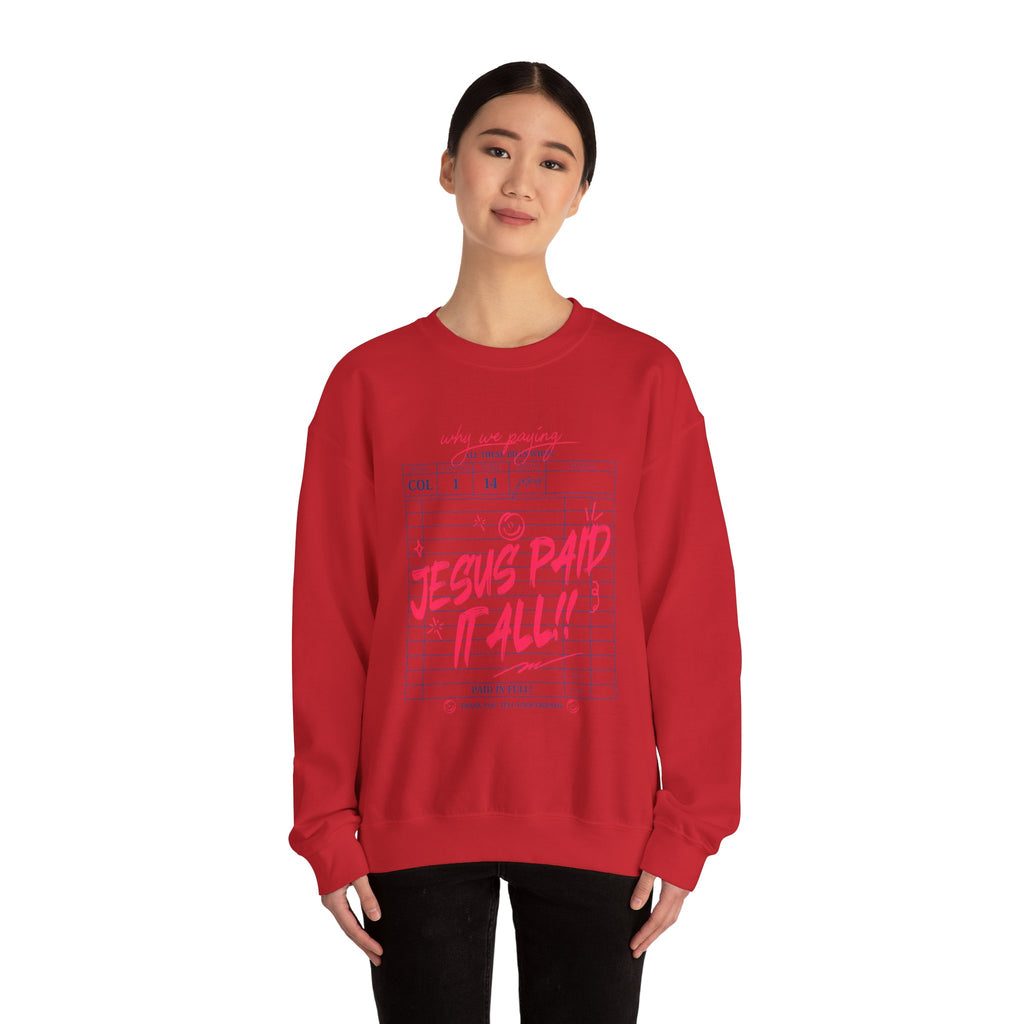 Crewneck Sweatshirt — “Jesus Paid It All” Vintage Receipt Christian Graphic