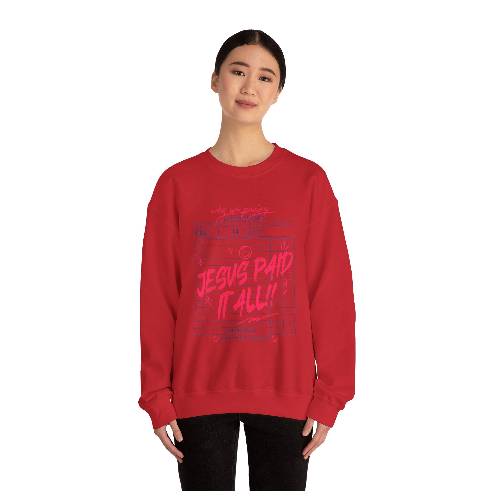 Crewneck Sweatshirt — “Jesus Paid It All” Vintage Receipt Christian Graphic